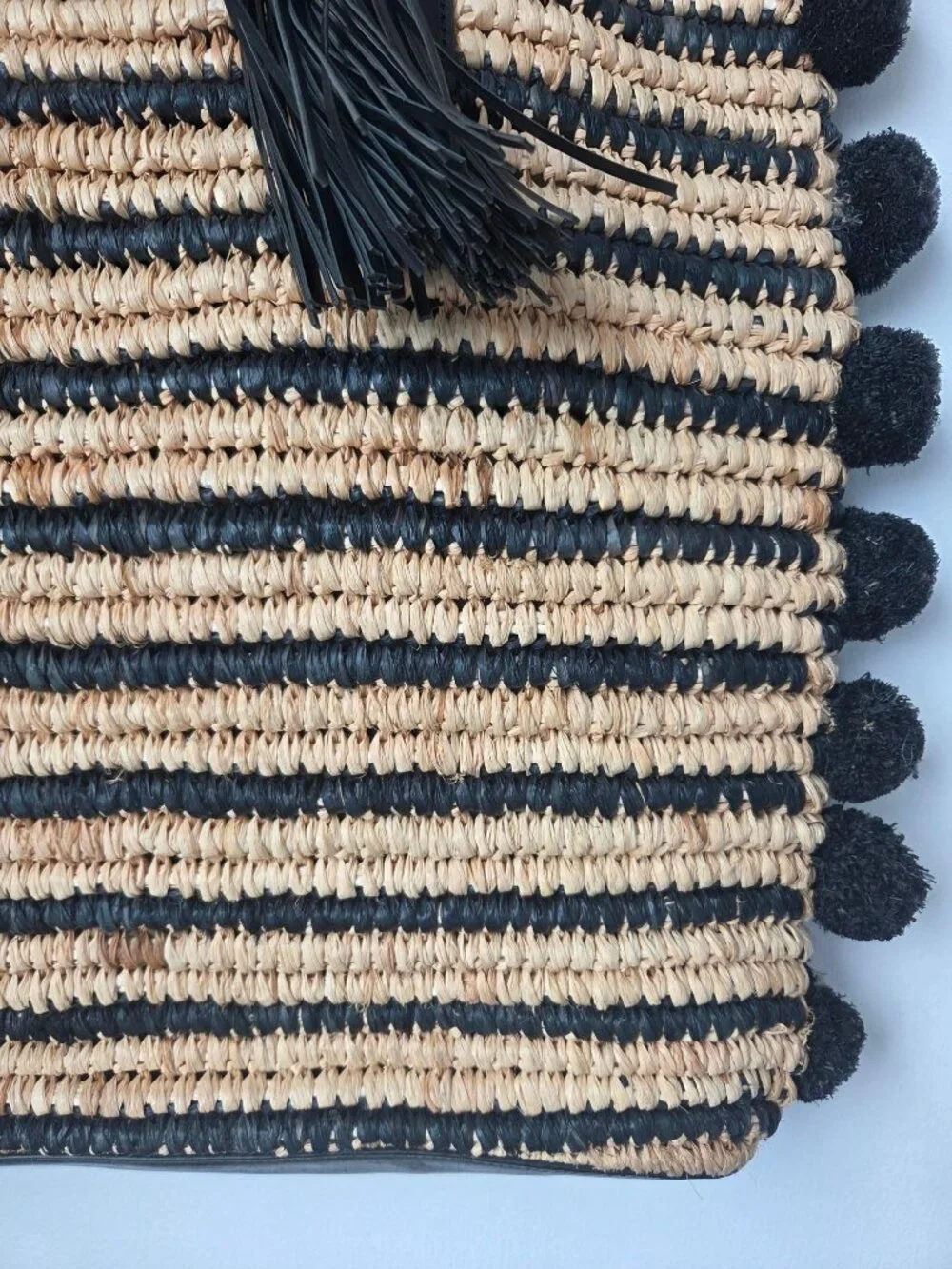 Loeffler Randall Striped Straw Tote Black Leather Straps & Tassel Pom-Pom Edges